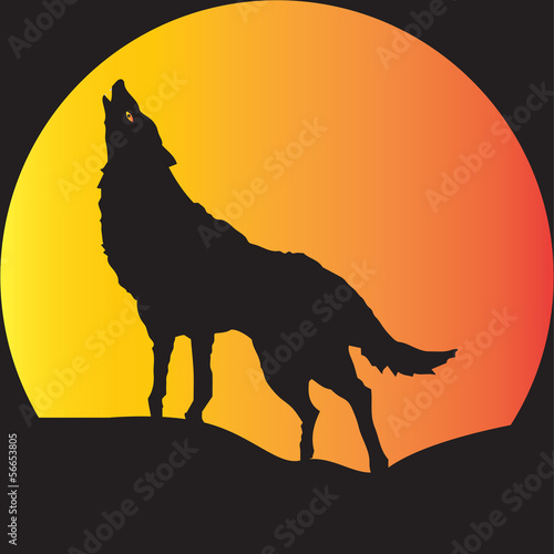 A Wolf in Silhouette howling at moon suitable for Halloween Art