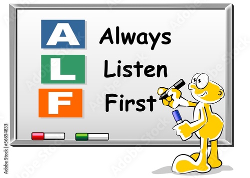 Always Listen First ALF acronym on Whiteboard