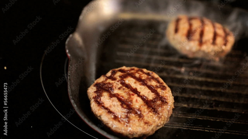 Beef Burgers Cooked Hot Griddle Close Up Beef Burgers Cooked Hot Griddle Close Up