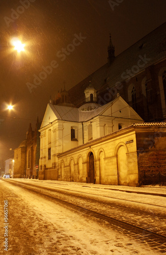 Historic city centre of Krakow by night. Franciszkanska street.