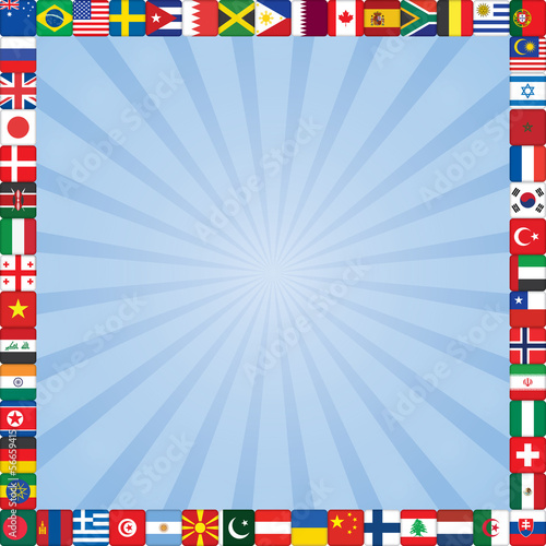 blue rays square background with flags icons frame