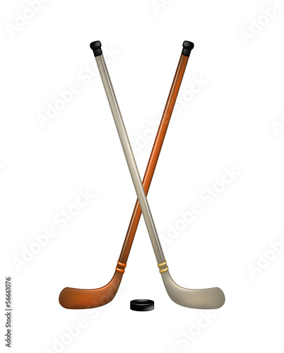 Two crossed ice hockey sticks and puck
