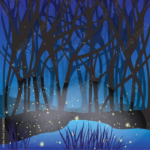 Night magic scene with fireflies.