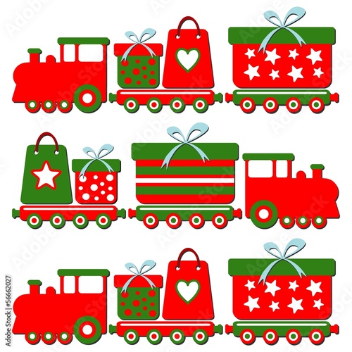 Cute christmas train with gift boxes, vector illustration