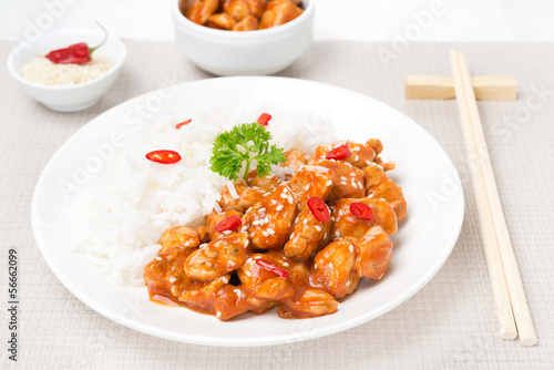 chicken in tomato sauce with sesame seeds and rice
