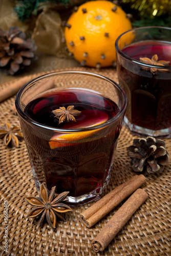 mulled wine with spices in glasses