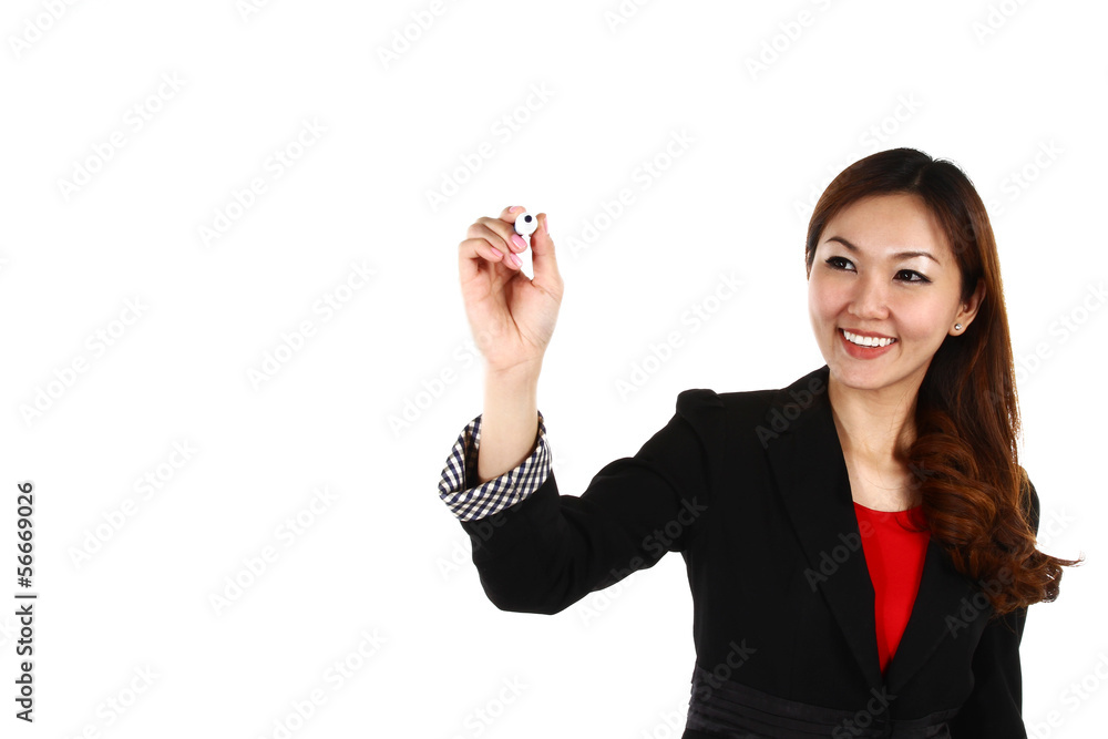 Asian businesswoman drawing graph, on white background in suit. Asian businesswoman drawing graph, on white background in suit.