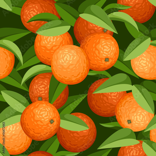Seamless background with oranges and leaves. Vector.