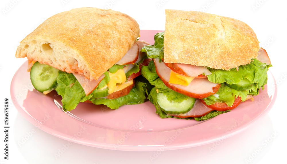 Sliced sandwich with ham and vegetables isolated on white Sliced sandwich with ham and vegetables isolated on white