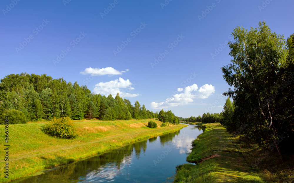 Fototapeta premium Summer landscape with a river and grass on the coast