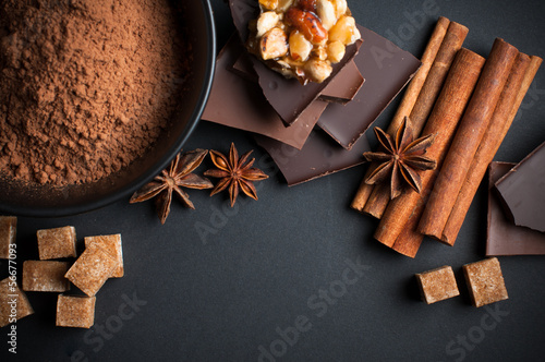 chocolate, nuts, sweets, spices and brown sugar