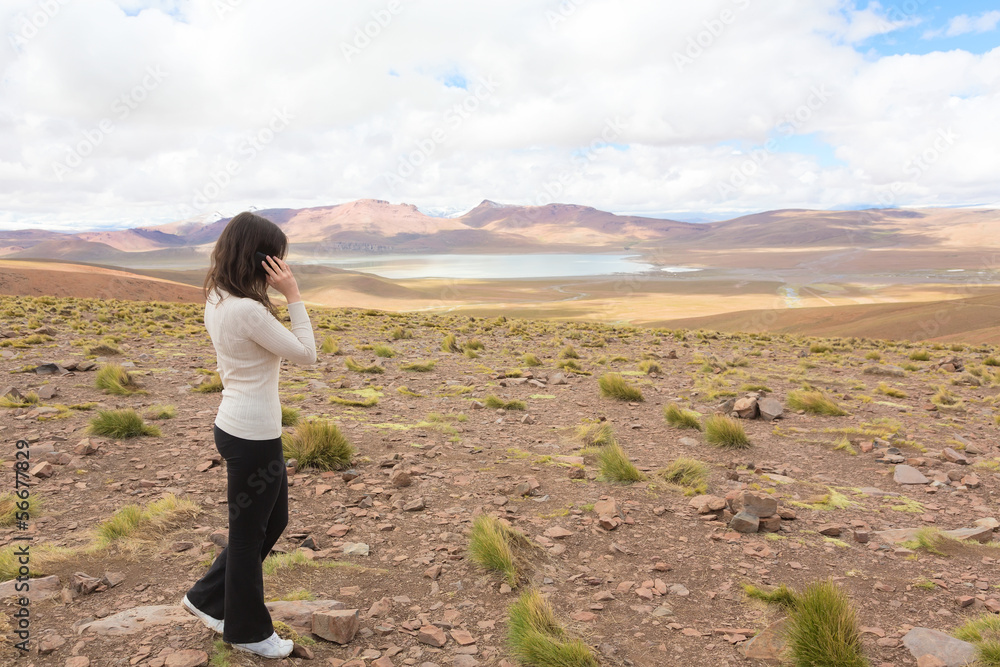 Woman talking on mobile phone, Bolivia