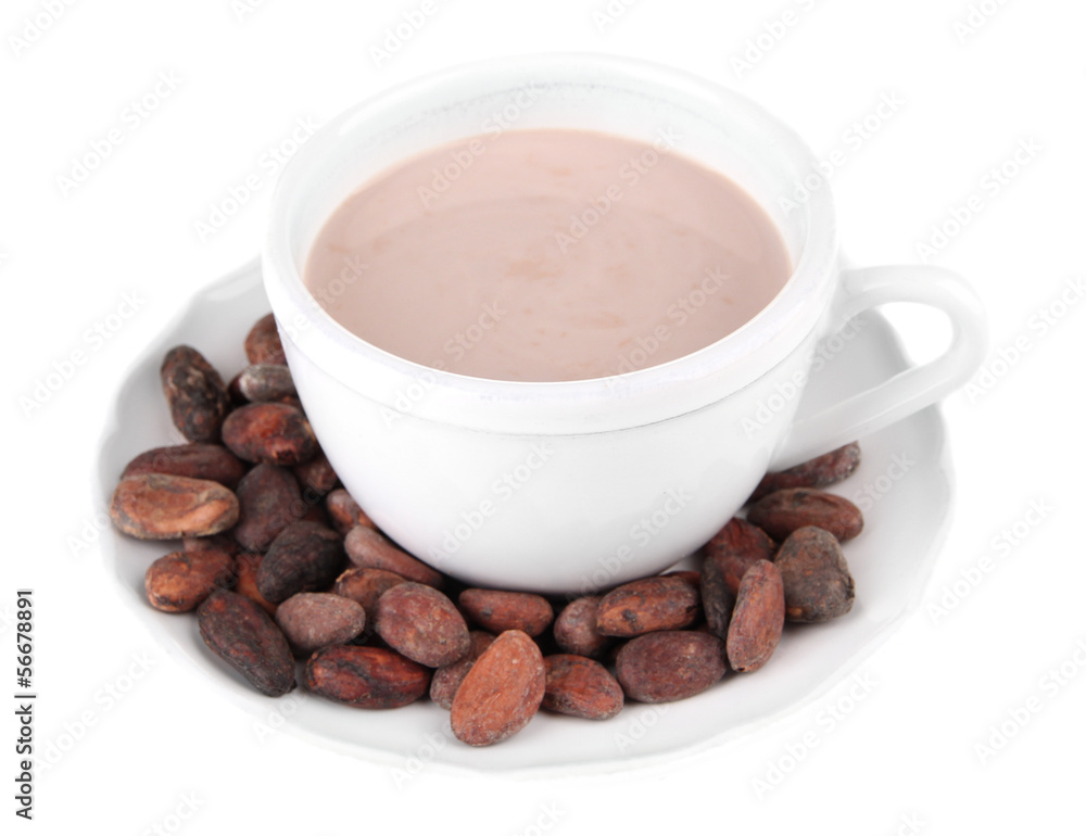 Cocoa drink and cocoa beans isolated on white Cocoa drink and cocoa beans isolated on white