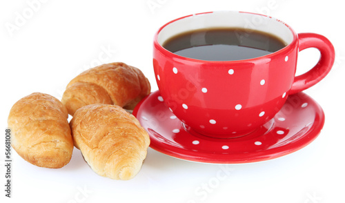 Tasty croissants and cup of coffee isolated on white