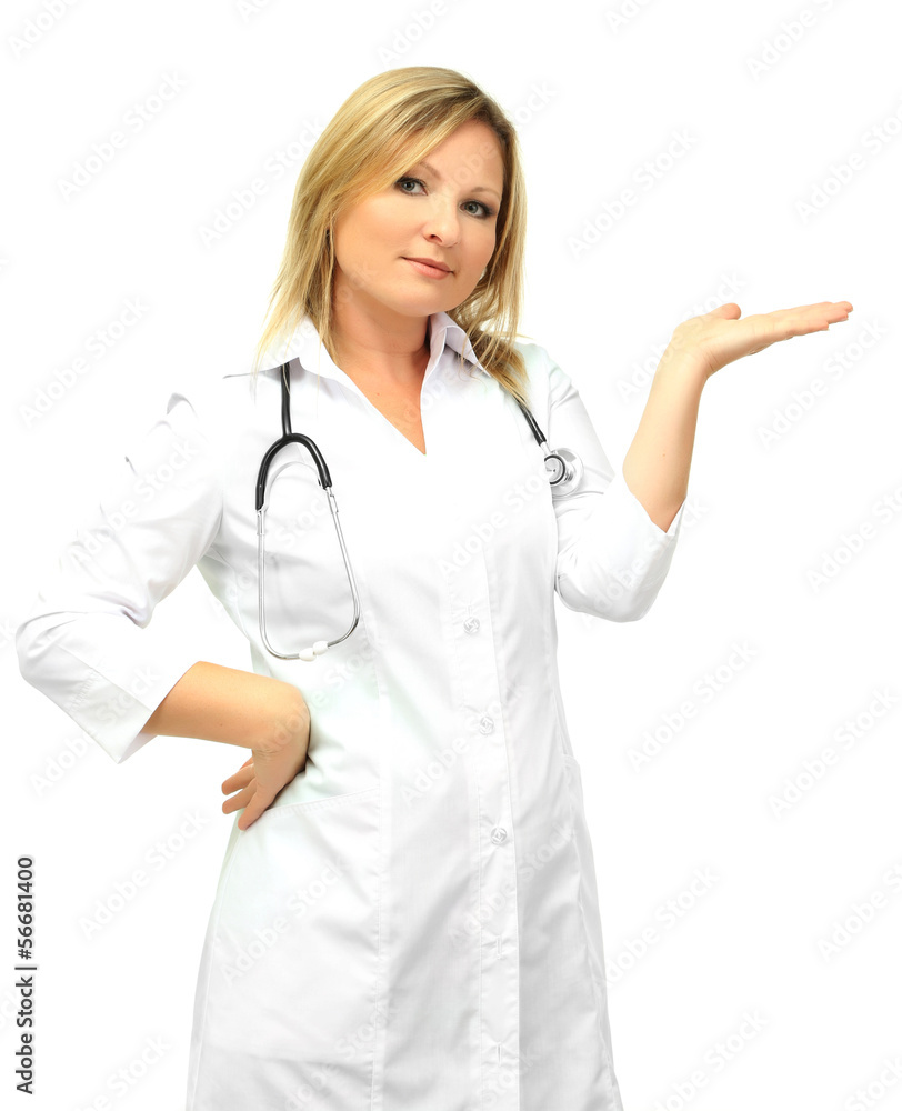 Young beautiful doctor with stethoscope isolated on white Young beautiful doctor with stethoscope isolated on white