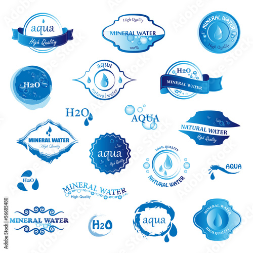 Water, Drop Labels And Icons Set - Isolated On White Background