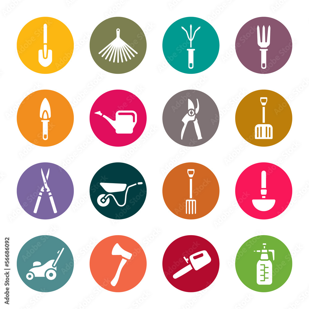 Gardening tools icons set color