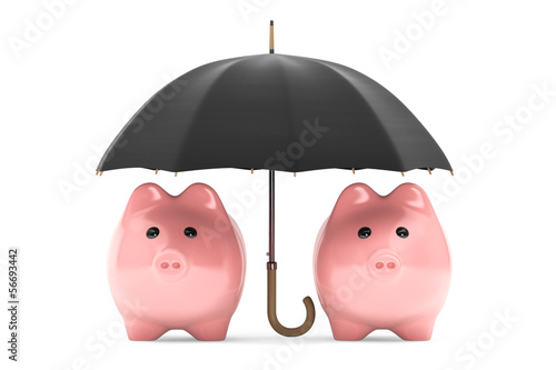 Wealth protection concept. Piggy Banks under umbrella