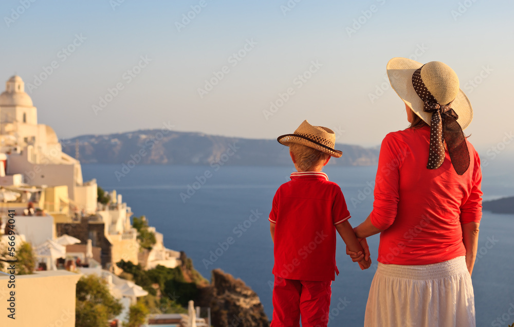 family on vacation in Santorini, Greece