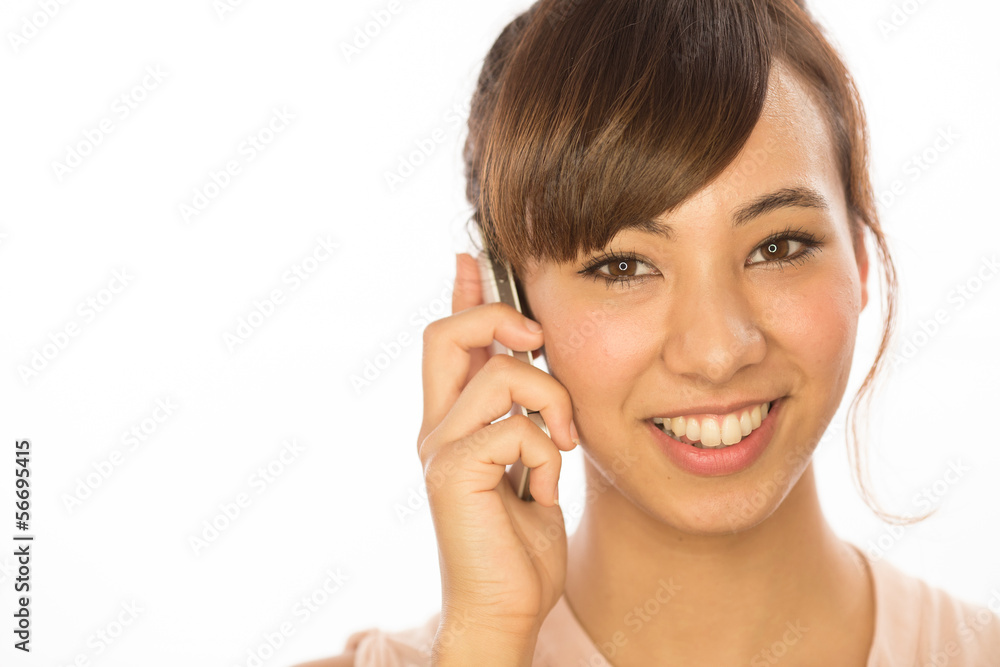 Asian caucasian mixed race woman talking cellphone Asian caucasian mixed race woman talking cellphone