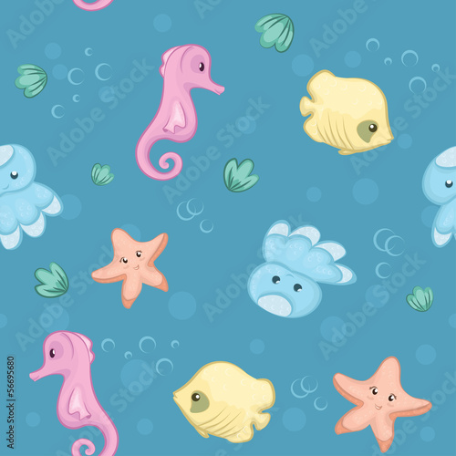 Seamless pattern of underwater creatures, no gradient
