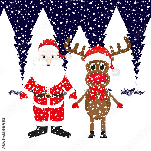 Christmas reindeer and Santa Claus in a snowy forest