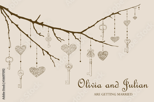 Vector illustration of vintage keys and hearts 