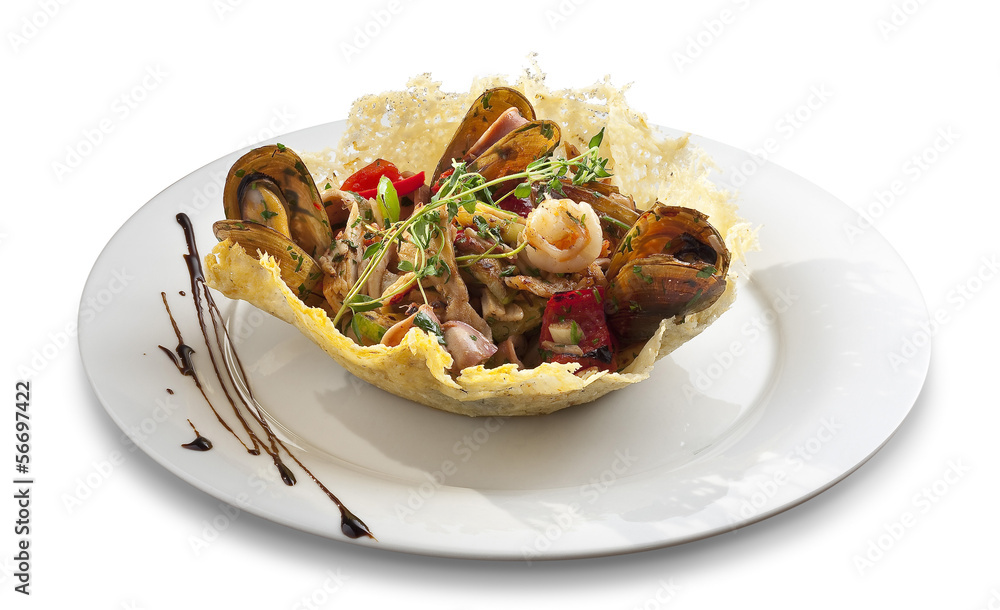 Mussles salad with vegitables in tortilla bowl shape Mussles salad with vegitables in tortilla bowl shape
