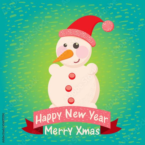 christmas background and greeting card with snowman