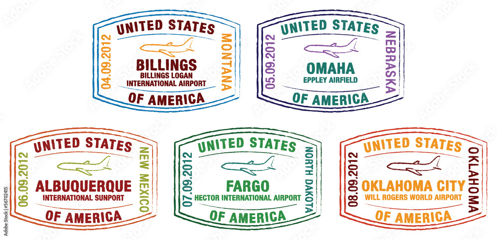 Stylised passport stamps of major US airports