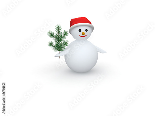 3D snowman with Santa Claus hat and pine branch on white