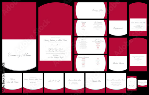 Red and silver wedding stationery set in vector format.