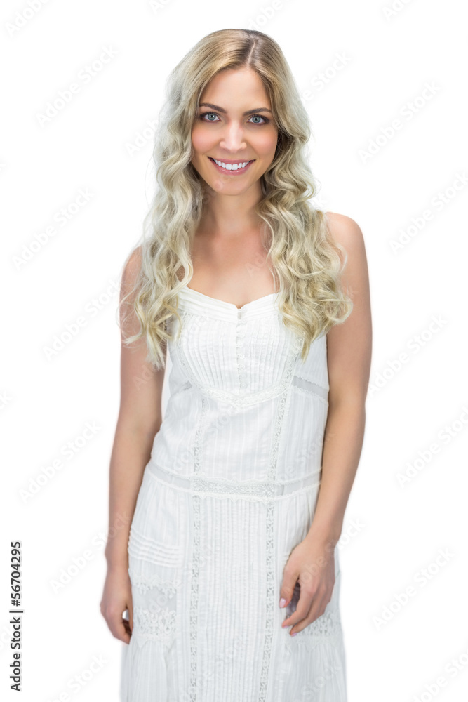 Cheerful seductive model in white dress posing Cheerful seductive model in white dress posing