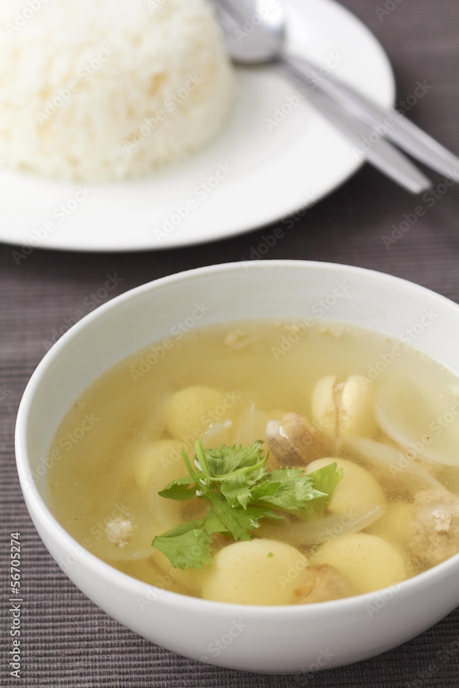 Chicken Consomme with Egg Sausage and Vegetable Chicken Consomme with Egg Sausage and Vegetable