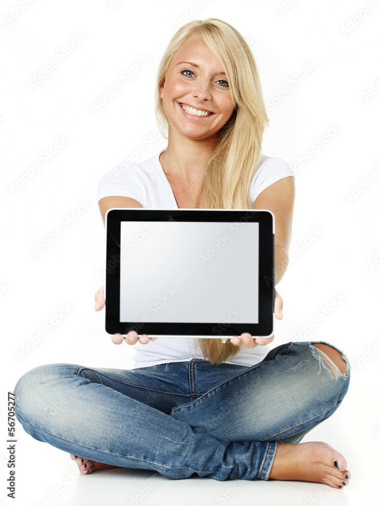 Naklejka premium Woman presenting her tablet pc with copyspace