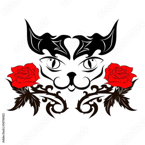 muzzle of a cat with roses - tattoo photo