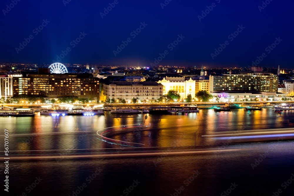Night cityscape of the city Budapest, Hungary with light trails