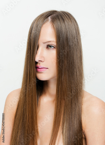 Fashion model with long straight hair.
