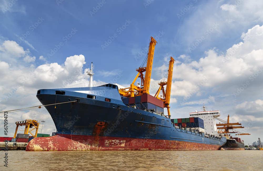 Container ship in the harbor of Thailand, Day light. Cloudy and