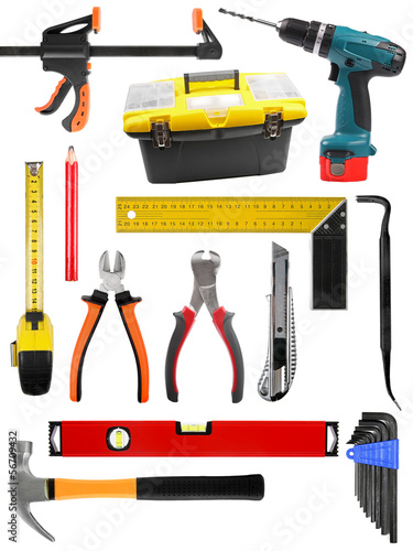 Quadro su tela set with construction work tools isolated on white