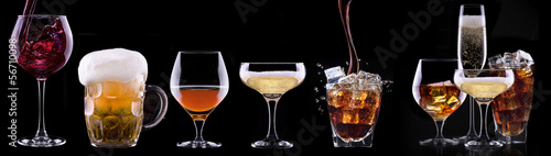 alcohol drinks set isolated on a black