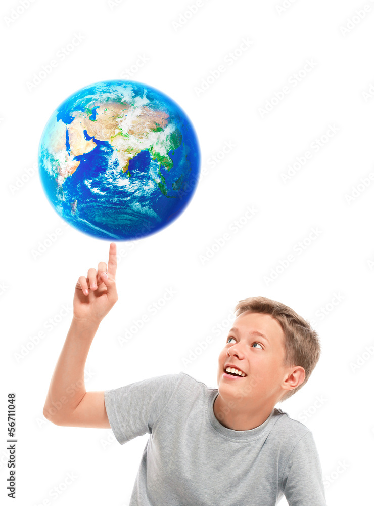 Boy holding planet earth on his finger Boy holding planet earth on his finger
