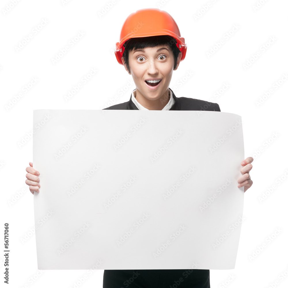 cheerful engineer woman holding sign cheerful engineer woman holding sign