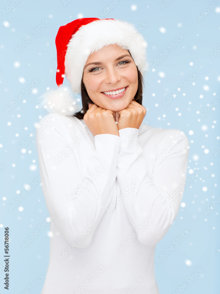 smiling woman in santa helper hat smiling woman in santa helper hat