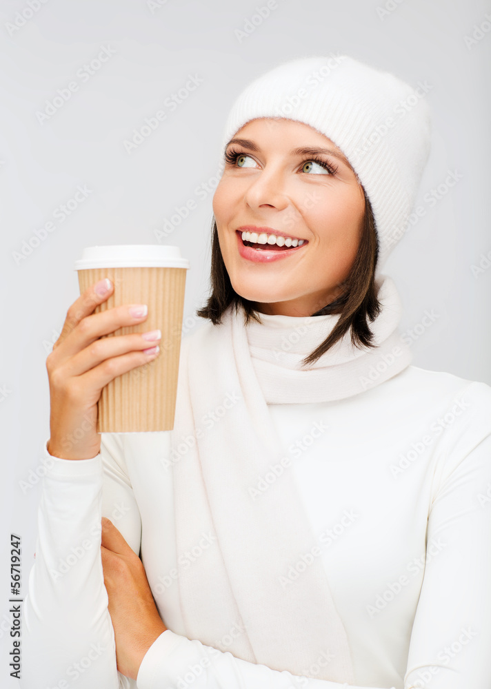 woman in hat with takeaway tea or coffee cup woman in hat with takeaway tea or coffee cup
