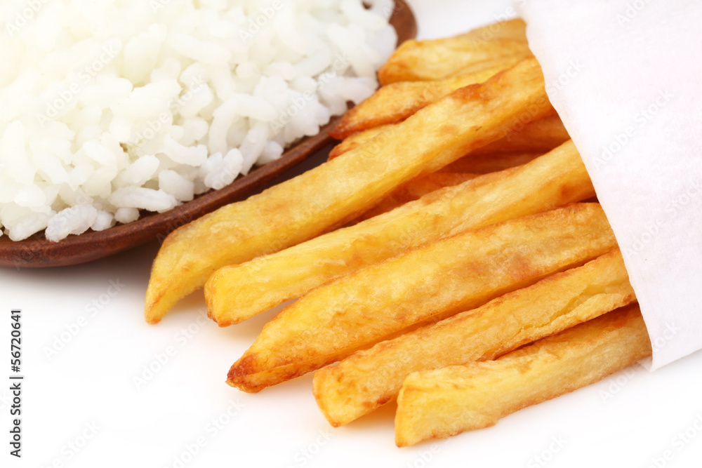 French fry with fresh rice over white background French fry with fresh rice over white background
