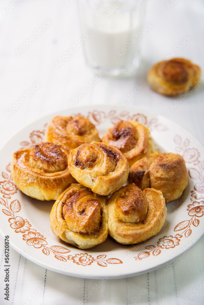 Brioches with cinnamon and glass of milk