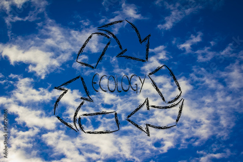 green economy: recycle symbol with sky pattern