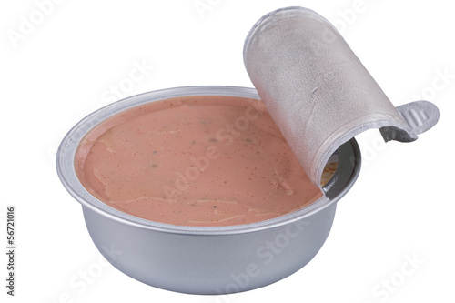 Pate in a metal jar isolated on white