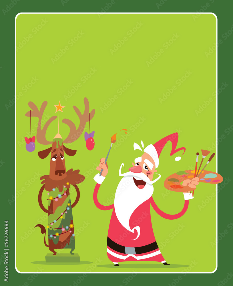 Christmas concept greeting card with Santa Claus and reindeer